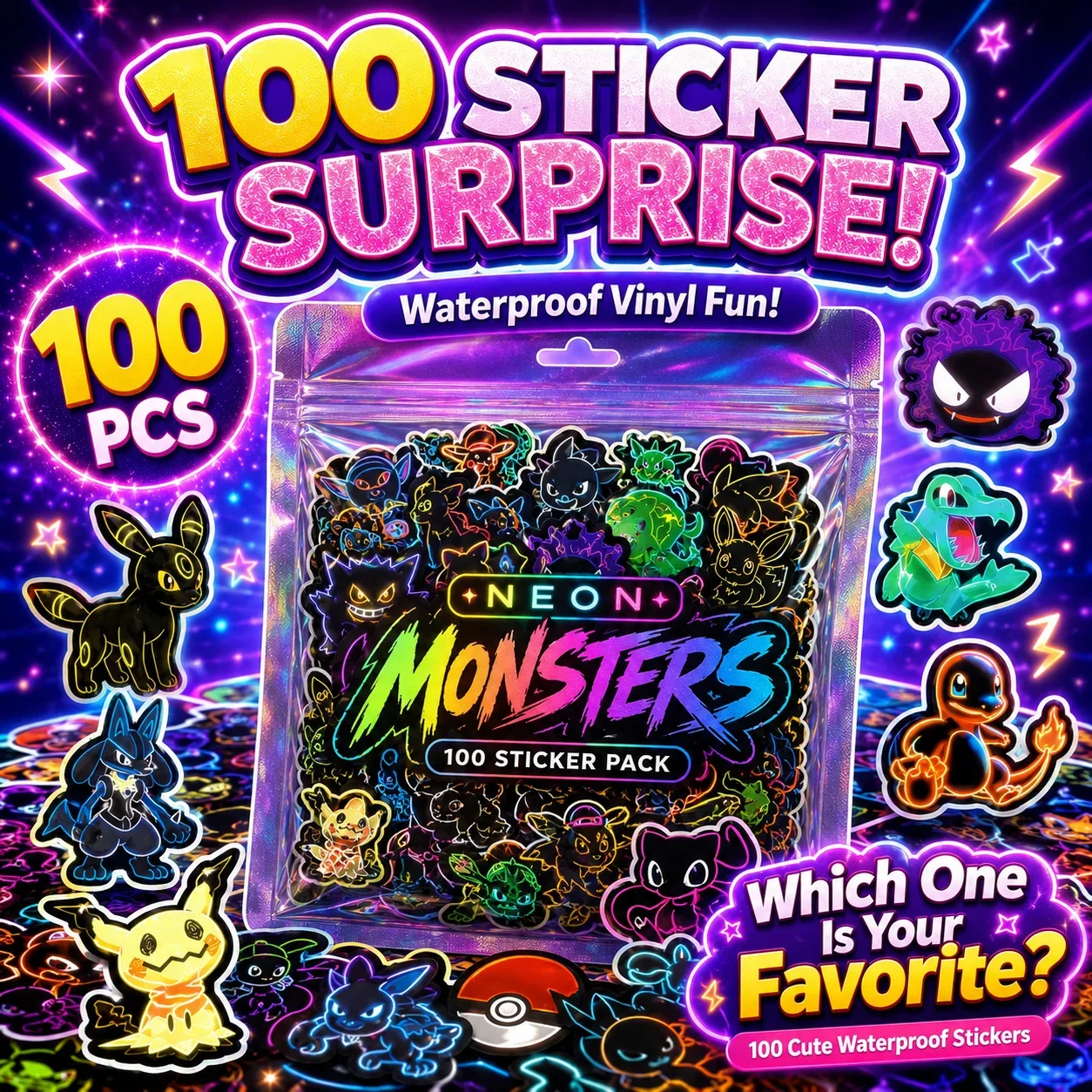 100 Adesivos Neon Pokémon à Pr - Skateboard avaliação e preço